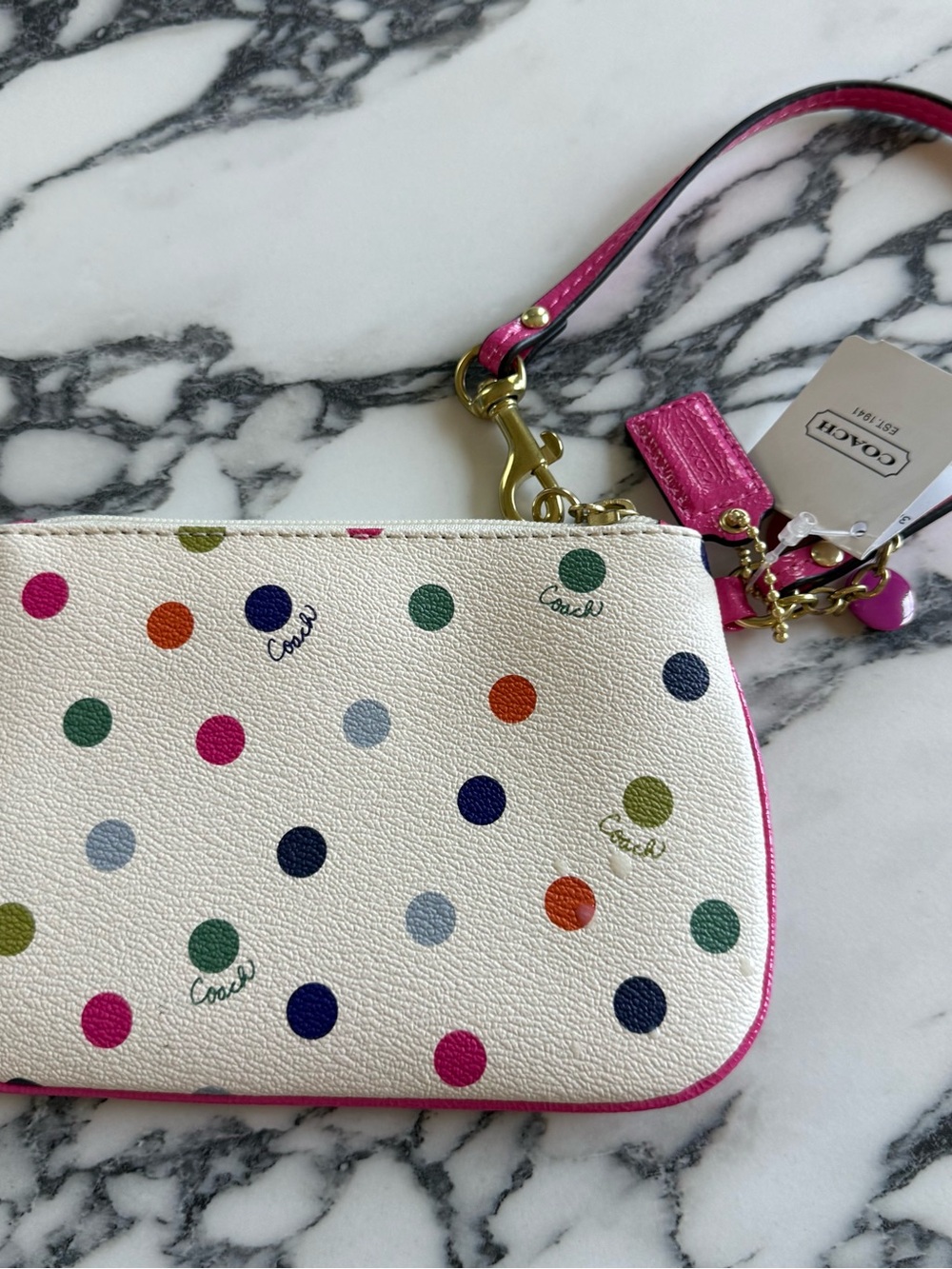 COACH NWT Vintage White Leather Multicolor Polka Dot Wristlet Clutch Pink Strap